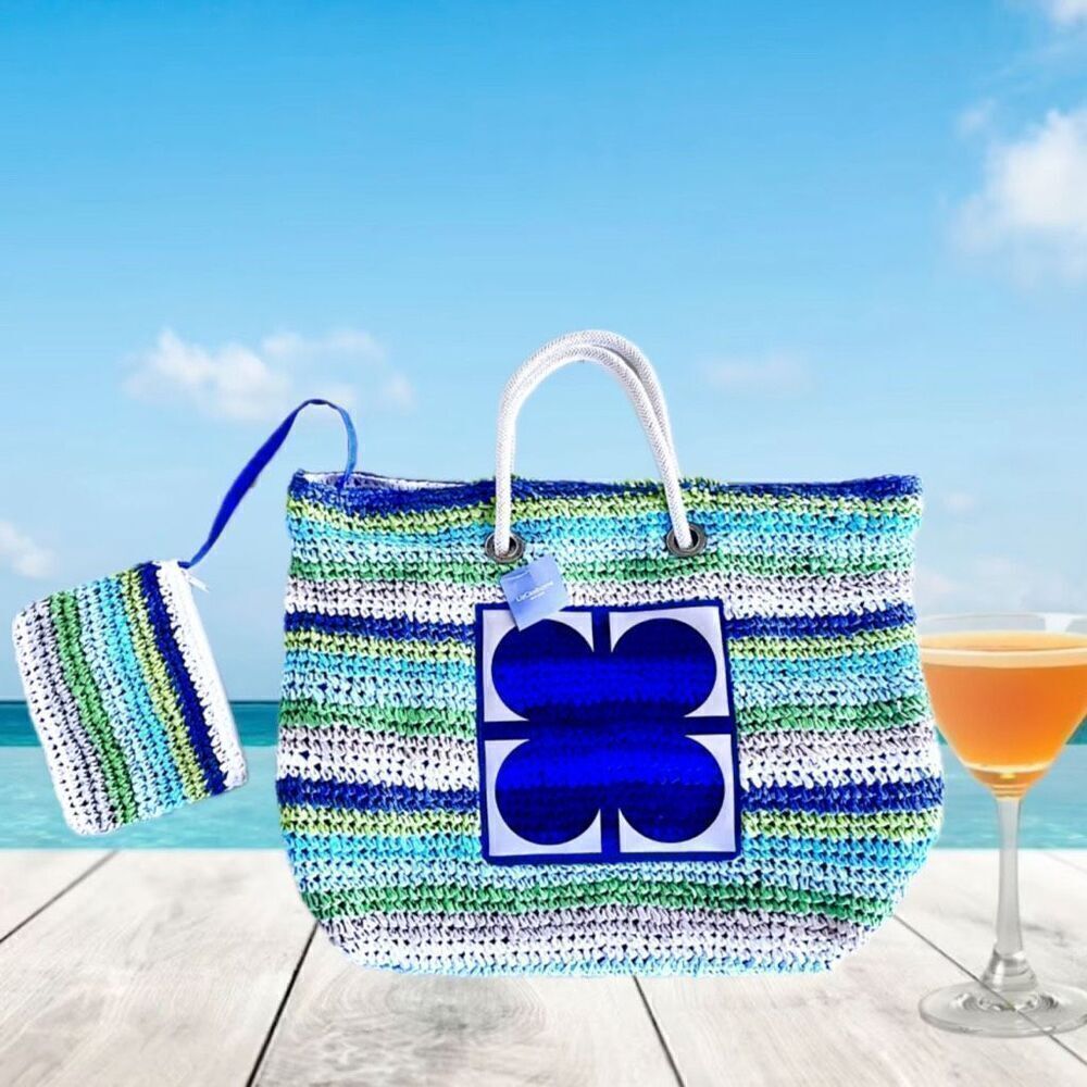 NWT Gorgeous Liz Claiborne Blue Green White Raffia Straw Big Tote Bag & pouch